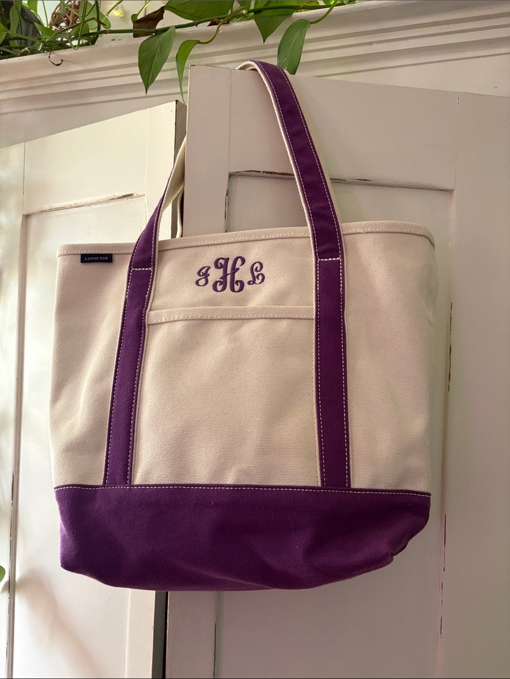 Lands End Purple Canvas Tote Bag with monogram